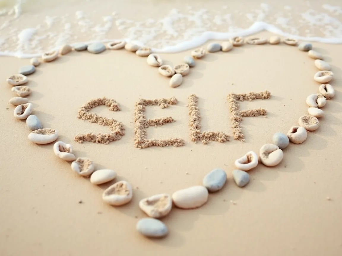 SELF in einem Herz aus Muscheln am Strand, Symbol für Selbstfürsorge und Traumatherapie